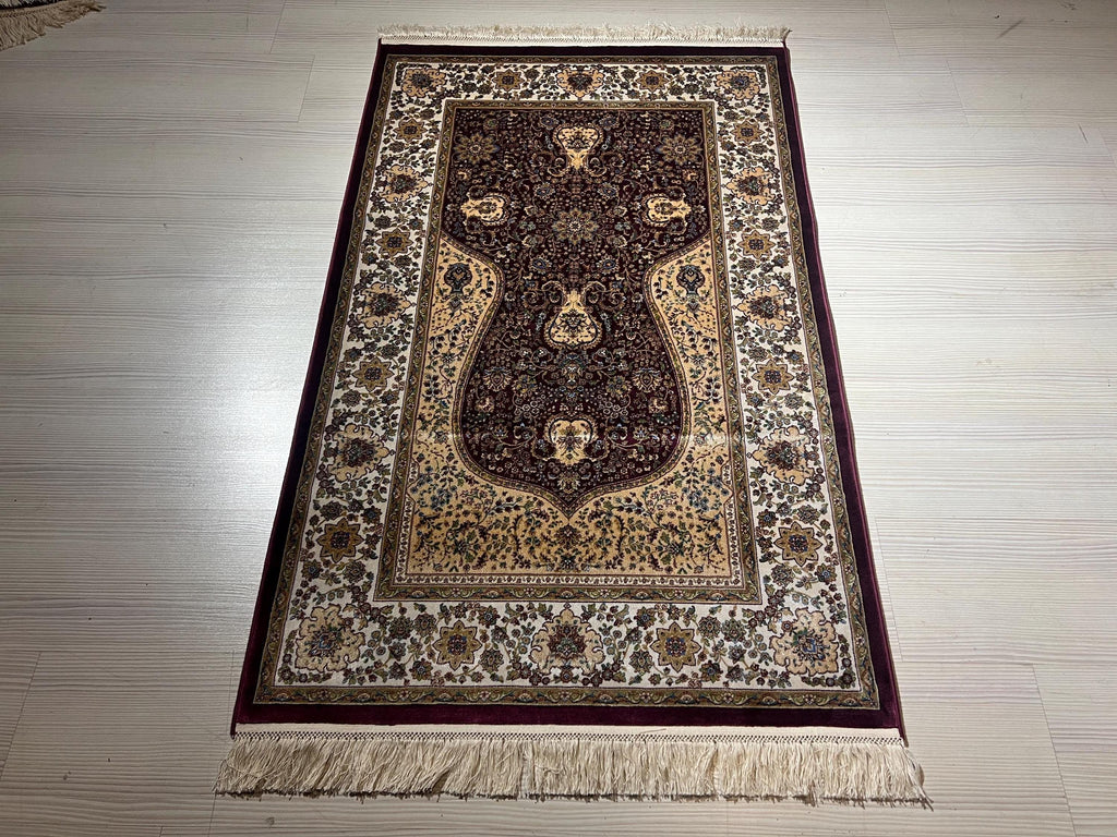 Burgundy Cream Silk Prayer Rug, Mihrab Vase Motif, Turkish Style Muslim İslamic Rug