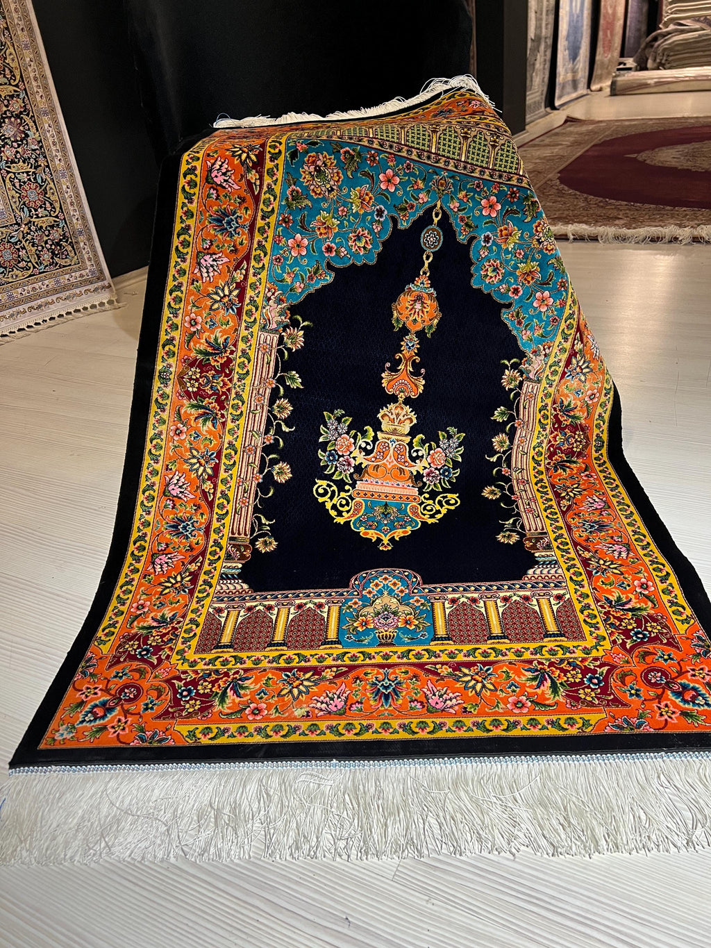 Navy Blue Gold Silk Prayer Rug, Lamp Mihrab Design, Floral Design İslamic Mat