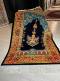 Navy Blue Gold Silk Prayer Rug, Lamp Mihrab Design, Floral Design İslamic Mat