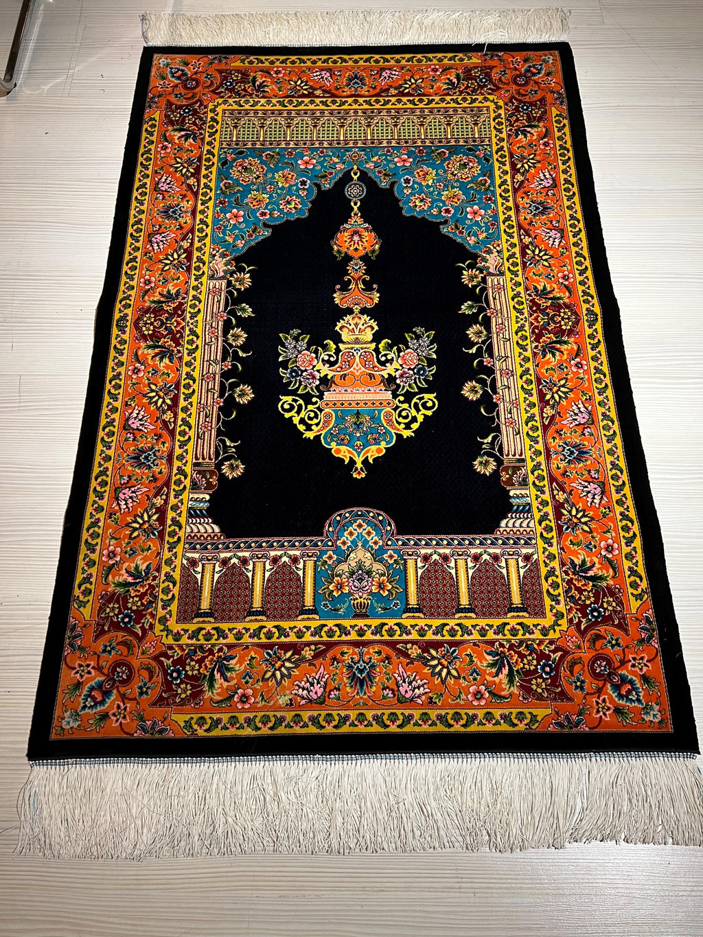 Navy Blue Gold Silk Prayer Rug, Lamp Mihrab Design, Floral Design İslamic Mat