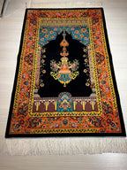Navy Blue Gold Silk Prayer Rug, Lamp Mihrab Design, Floral Design İslamic Mat