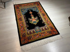 Navy Blue Gold Silk Prayer Rug, Lamp Mihrab Design, Floral Design İslamic Mat