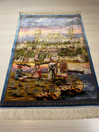 Blue Mosque Wall Rug, Turkish Silk Tapestry, Istanbul Carpet Art, Modal Silk Hanging