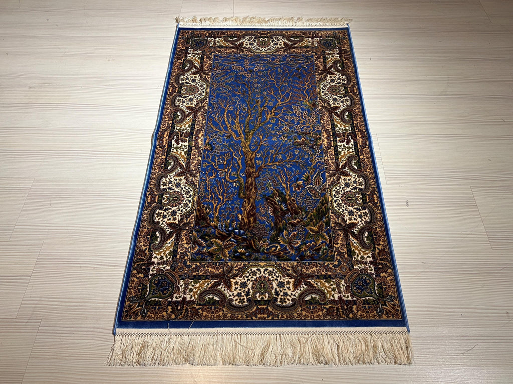 3x4 ft Tree of Life Rug, Turkish Blue Area Rug, Traditional Home Decor Carpet