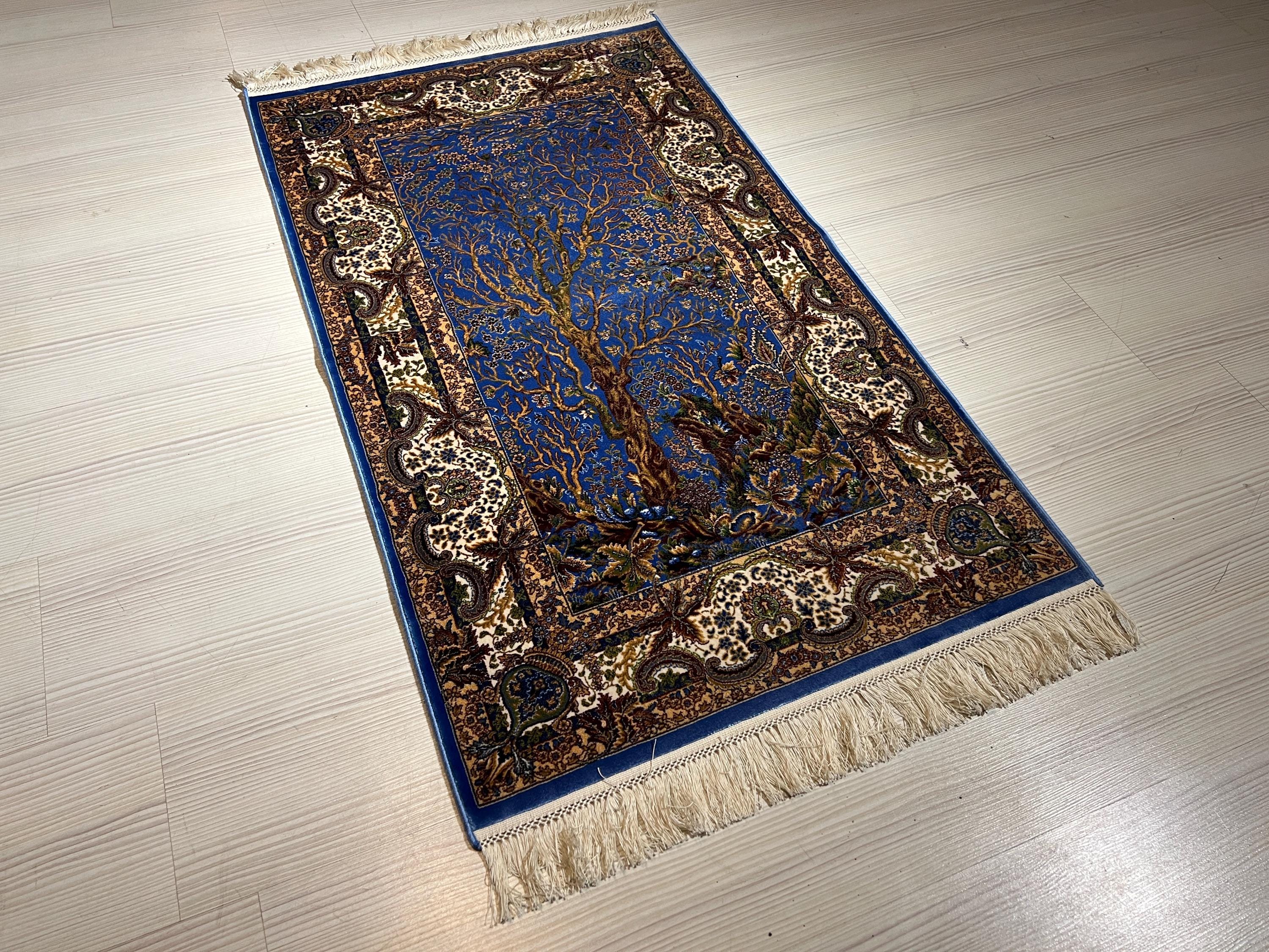 3x4 ft Tree of Life Rug, Turkish Blue Area Rug, Traditional Home Decor Carpet