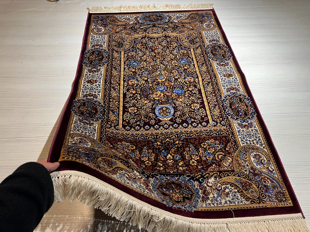 Silk Prayer Rug, Floral Mihrab Design, Burgundy Seccade, Turkish Decor, Gift Rug
