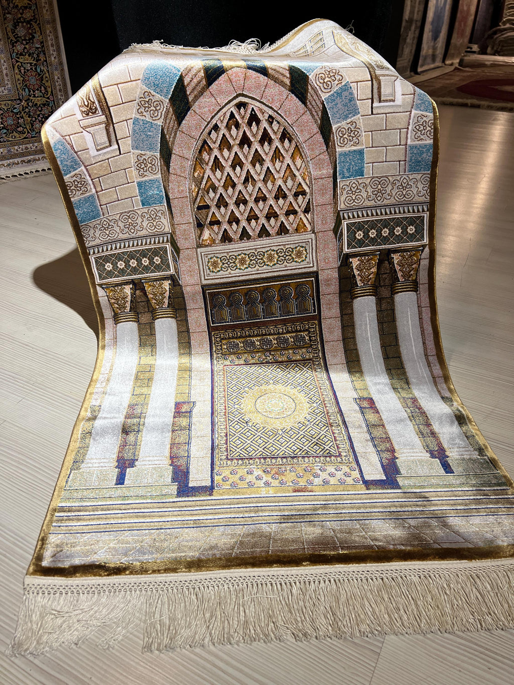 Silk Prayer Rug, Architectural Mihrab Design, Beige Gold Turkish Decor