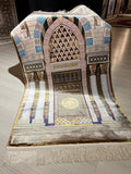Silk Prayer Rug, Architectural Mihrab Design, Beige Gold Turkish Decor