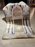 Silk Prayer Rug, Architectural Mihrab Design, Beige Gold Turkish Decor