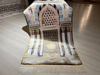 Silk Prayer Rug, Architectural Mihrab Design, Beige Gold Turkish Decor