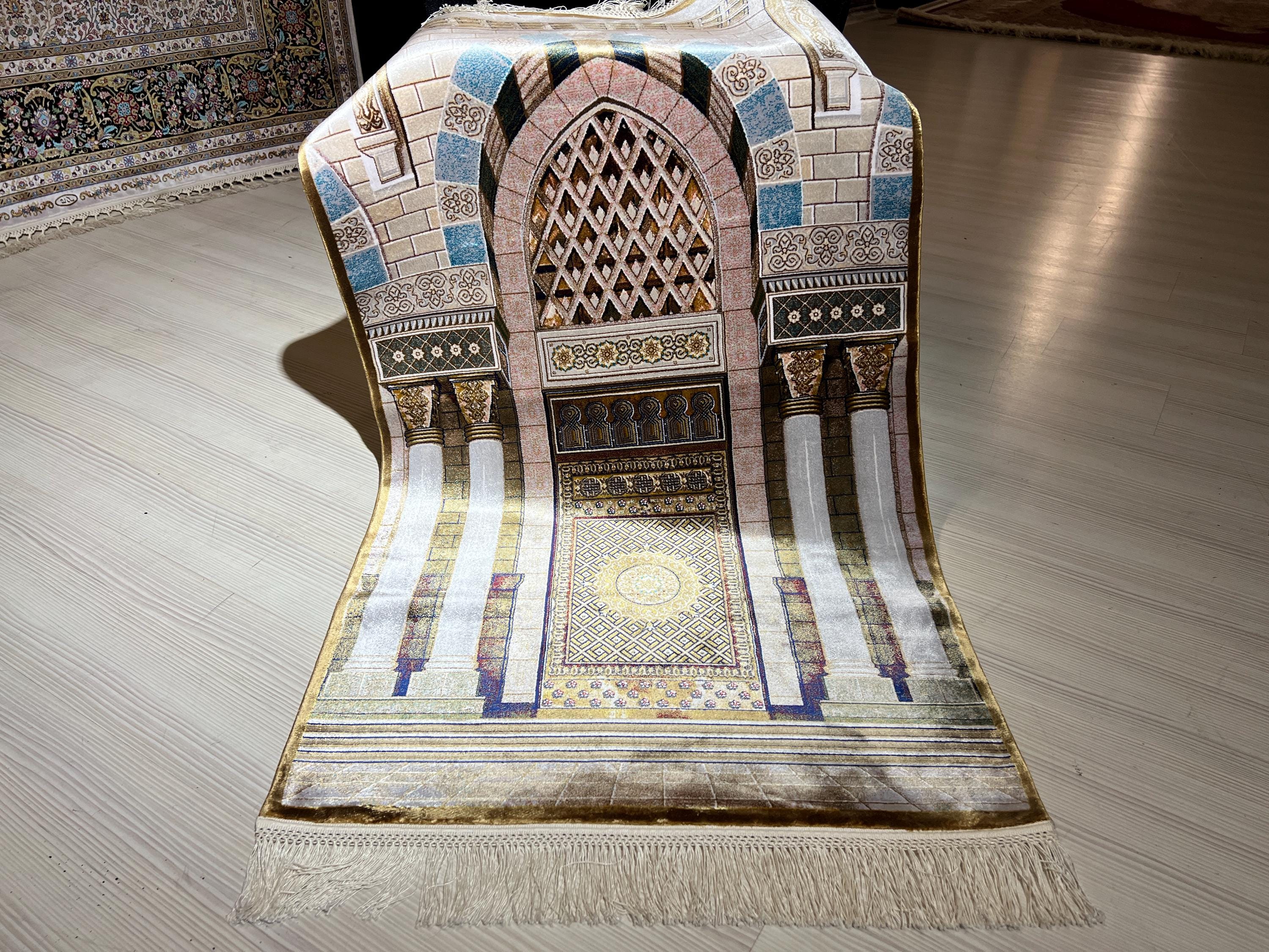 Silk Prayer Rug, Architectural Mihrab Design, Beige Gold Turkish Decor