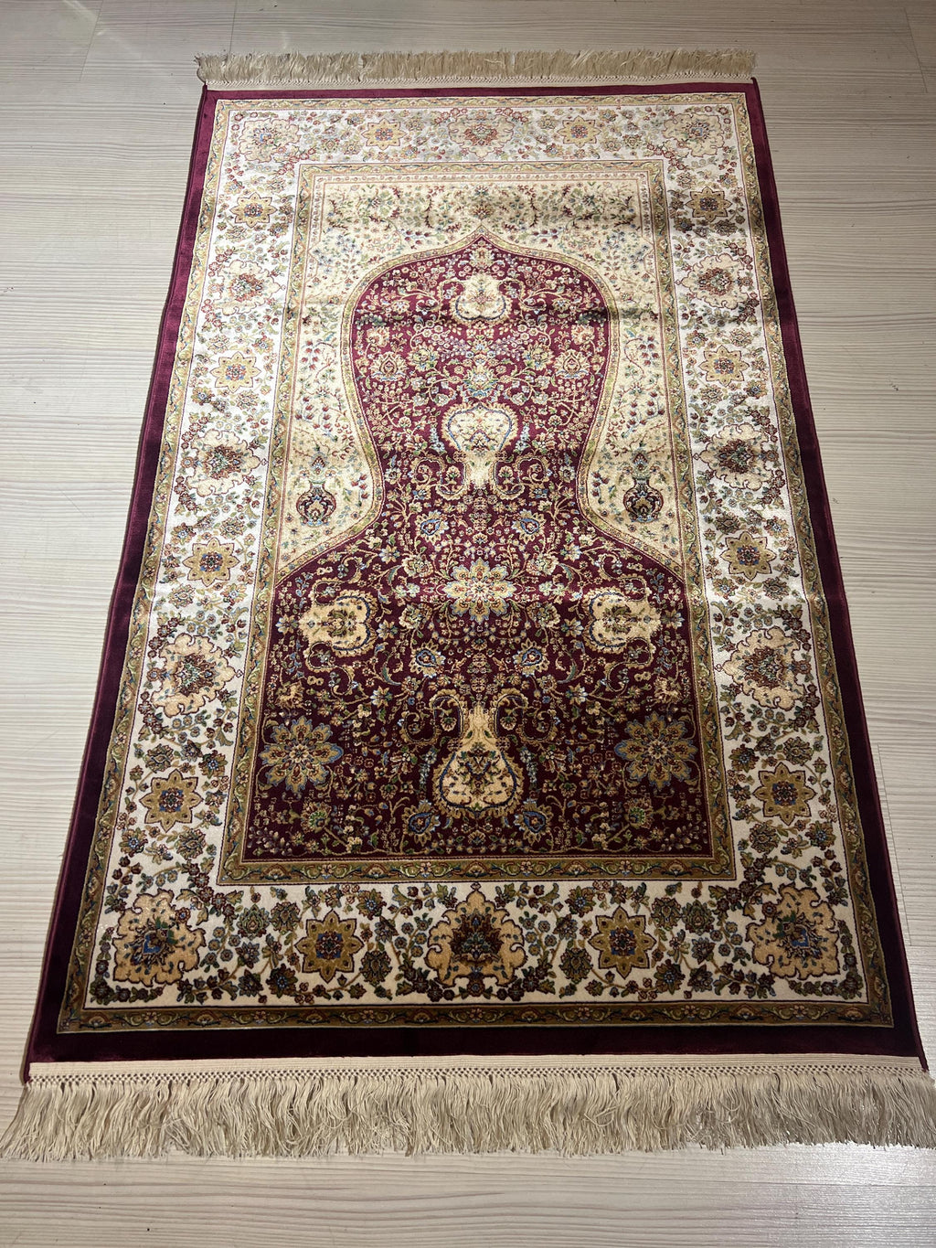 Burgundy Cream Silk Prayer Rug, Mihrab Vase Motif, Turkish Style Muslim İslamic Rug