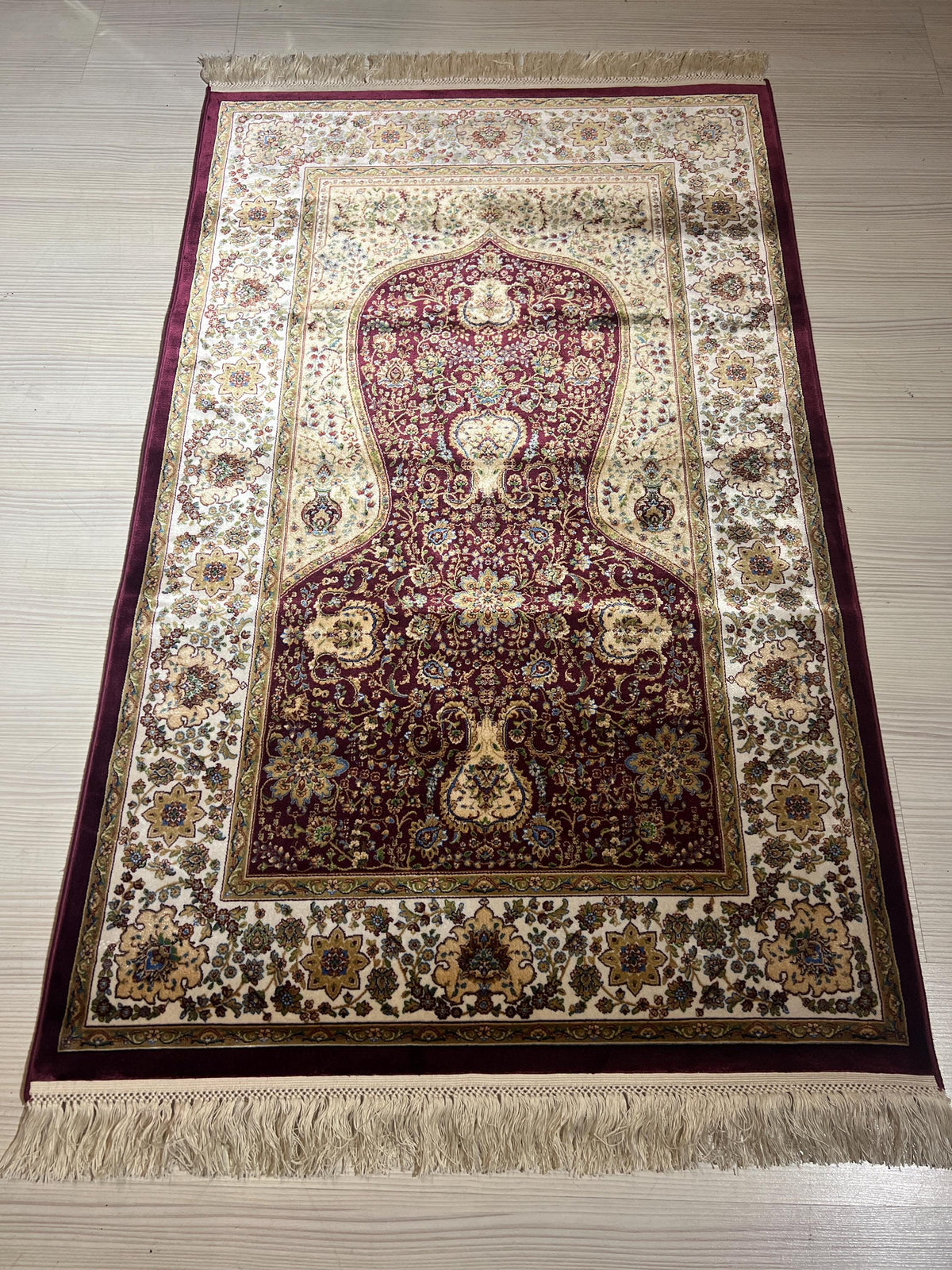 Burgundy Cream Silk Prayer Rug, Mihrab Vase Motif, Turkish Style Muslim İslamic Rug
