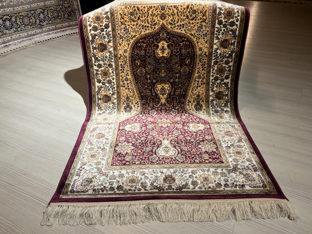 Burgundy Cream Silk Prayer Rug, Mihrab Vase Motif, Turkish Style Muslim İslamic Rug