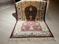 Burgundy Cream Silk Prayer Rug, Mihrab Vase Motif, Turkish Style Muslim İslamic Rug