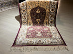 Burgundy Cream Silk Prayer Rug, Mihrab Vase Motif, Turkish Style Muslim İslamic Rug
