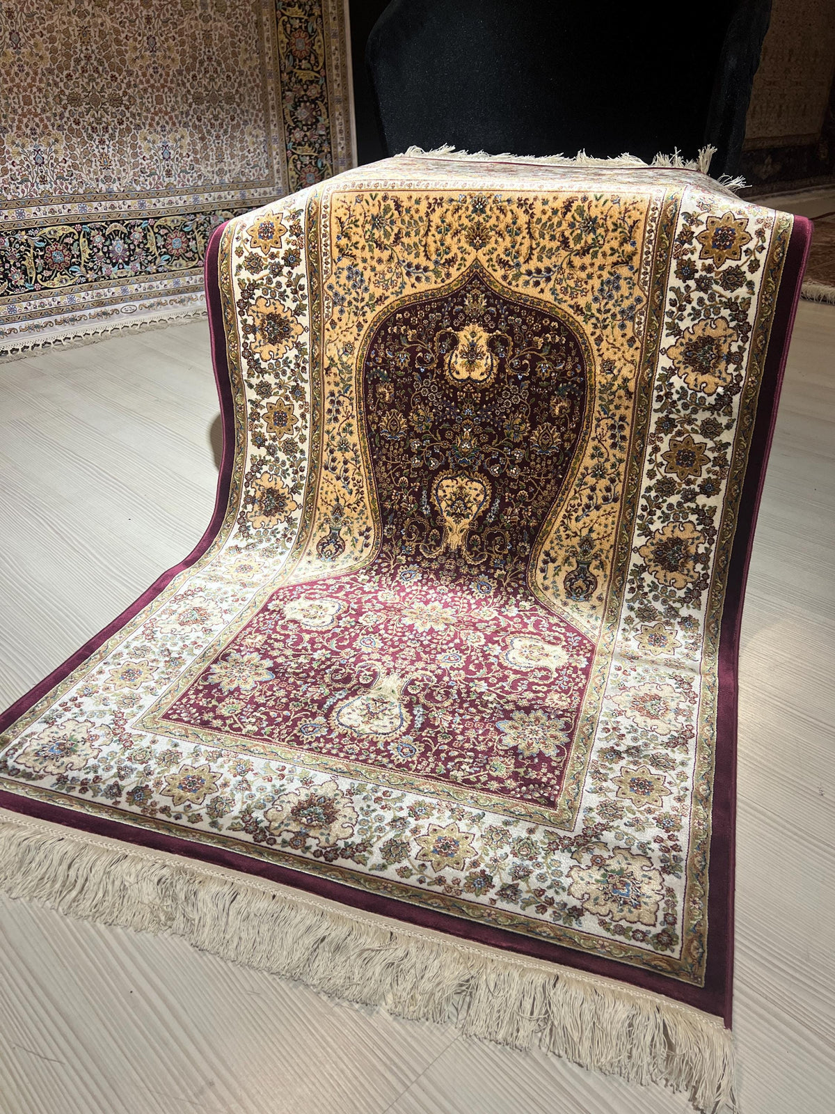 Burgundy Cream Silk Prayer Rug, Mihrab Vase Motif, Turkish Style Muslim İslamic Rug