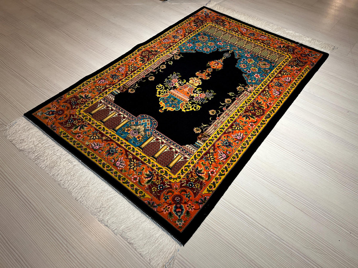 Navy Blue Gold Silk Prayer Rug, Lamp Mihrab Design, Floral Design İslamic Mat