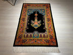 Navy Blue Gold Silk Prayer Rug, Lamp Mihrab Design, Floral Design İslamic Mat