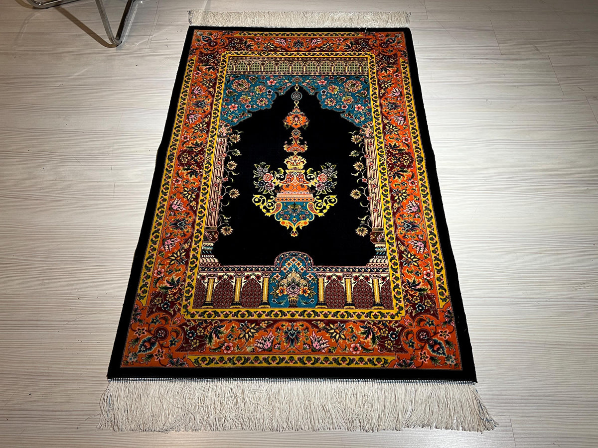 Navy Blue Gold Silk Prayer Rug, Lamp Mihrab Design, Floral Design İslamic Mat