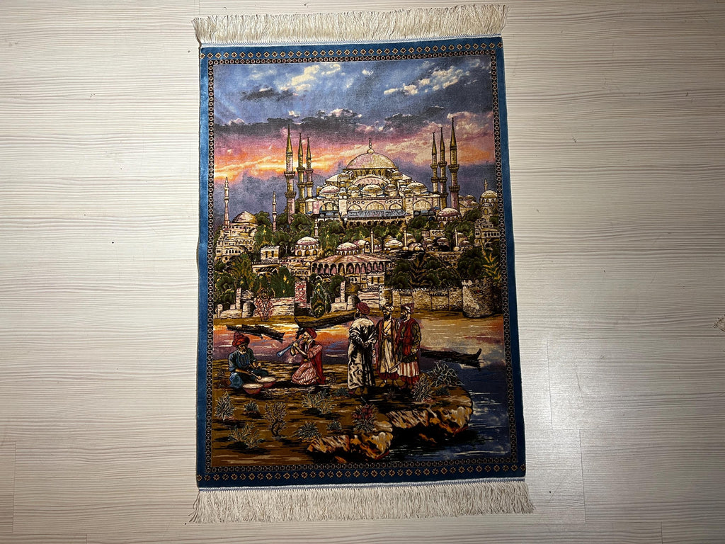 Blue Mosque Wall Rug, Turkish Silk Tapestry, Istanbul Carpet Art, Modal Silk Hanging
