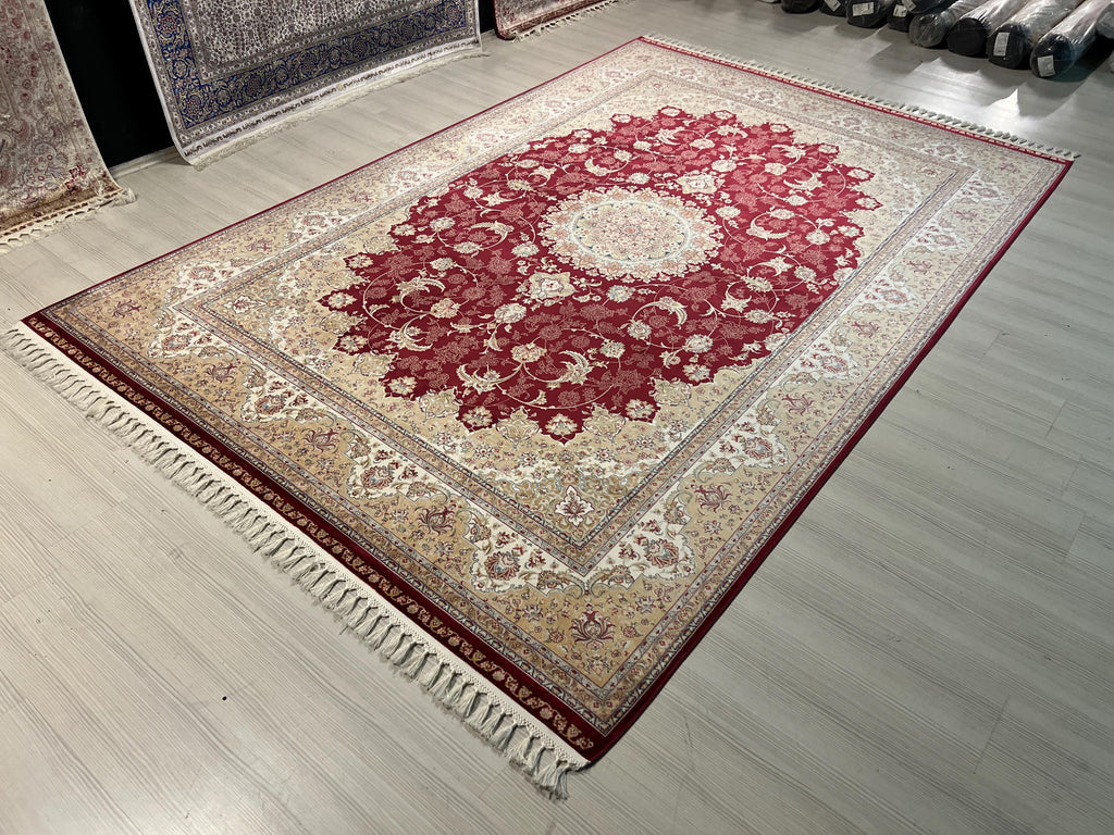8x11 Red Gold Medallion Rug, Turkish Modal Silk Carpet, Luxury Living Room