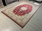 8x11 Red Gold Medallion Rug, Turkish Modal Silk Carpet, Luxury Living Room