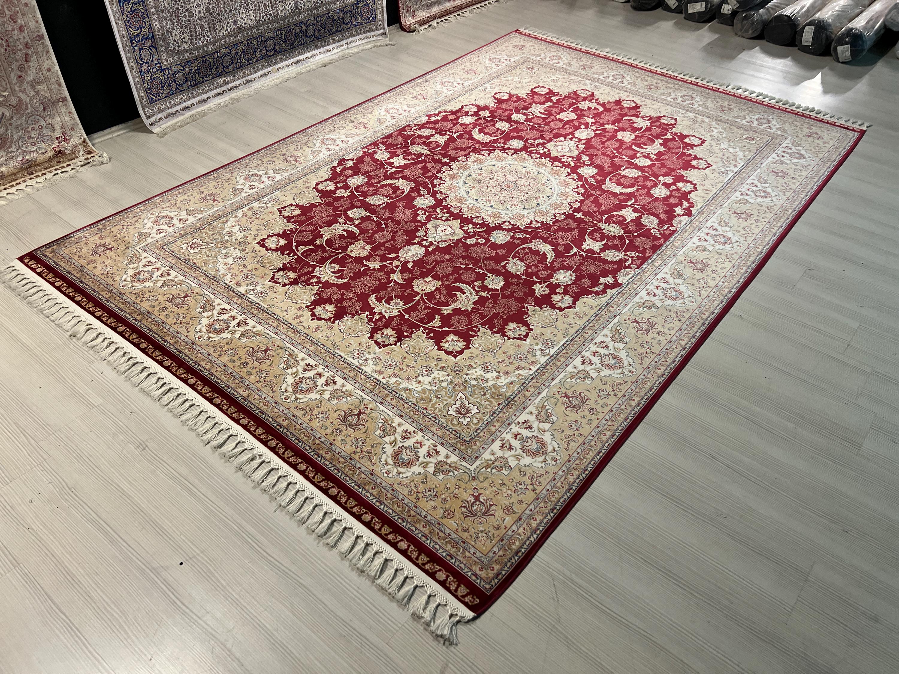 8x11 Red Gold Medallion Rug, Turkish Modal Silk Carpet, Luxury Living Room