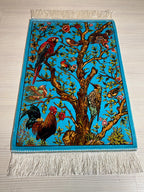 2x3 ft Modal Silk Rug, Wall Hanging Bird & Tree Design, Turquoise Accent Rug