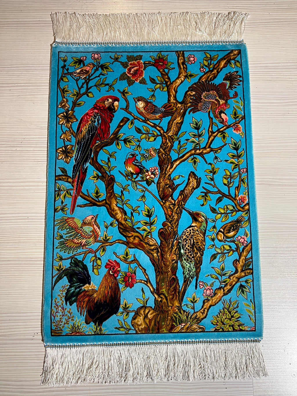 2x3 ft Modal Silk Rug, Wall Hanging Bird & Tree Design, Turquoise Accent Rug