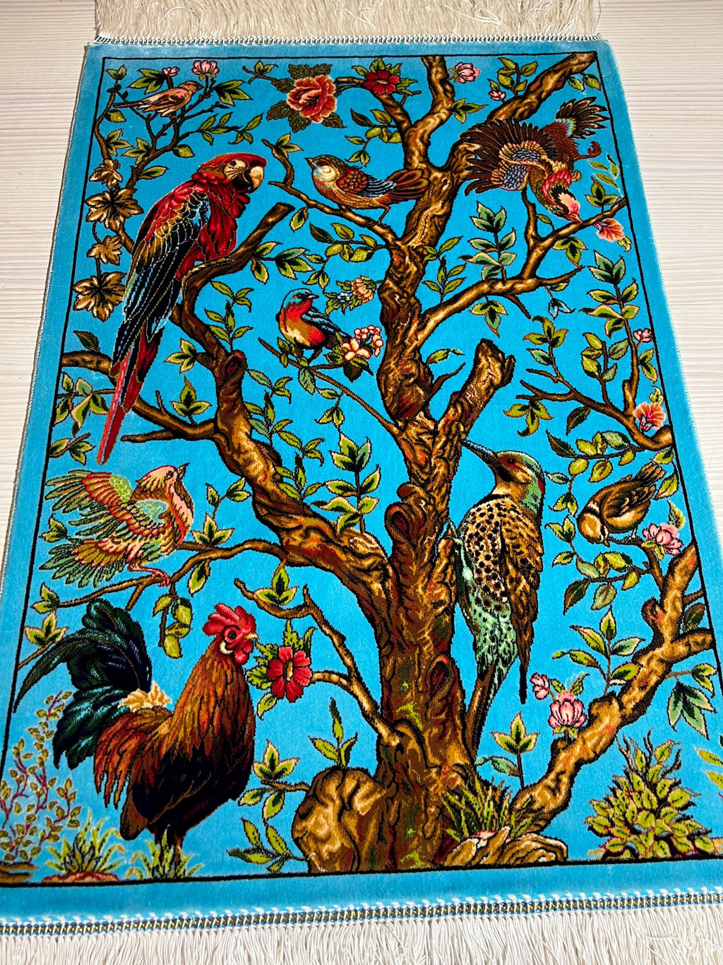 2x3 ft Modal Silk Rug, Wall Hanging Bird & Tree Design, Turquoise Accent Rug