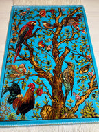 2x3 ft Modal Silk Rug, Wall Hanging Bird & Tree Design, Turquoise Accent Rug