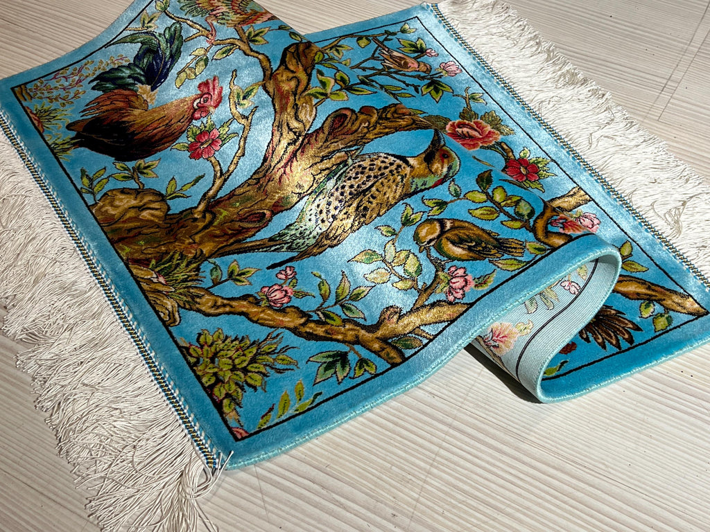 2x3 ft Modal Silk Rug, Wall Hanging Bird & Tree Design, Turquoise Accent Rug