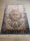 2.6x3.9 ft Modal Silk Rug, Blue Green Gold Medallion Design, Wall Hanging Turkish Luxury Rug