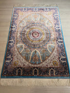 2.6x3.9 ft Modal Silk Rug, Blue Green Gold Medallion Design, Wall Hanging Turkish Luxury Rug