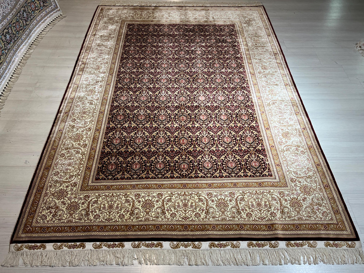 6x8 ft Burgundy Silk Rug, Turkish Area Rug, Luxury Living Room Carpet