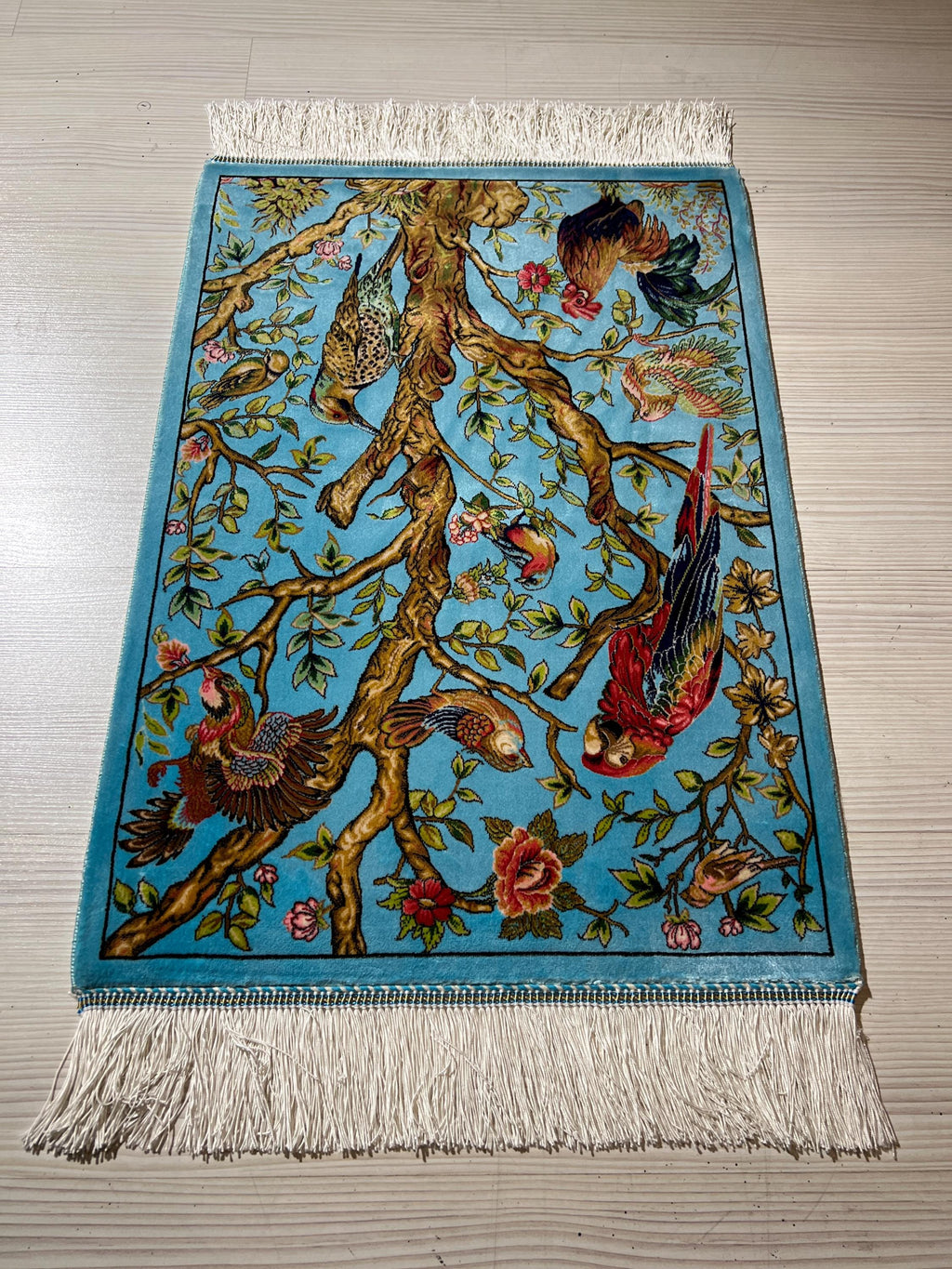 2x3 ft Modal Silk Rug, Wall Hanging Bird & Tree Design, Turquoise Accent Rug