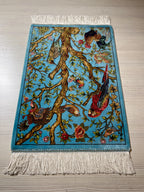 2x3 ft Modal Silk Rug, Wall Hanging Bird & Tree Design, Turquoise Accent Rug