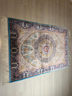 2.6x3.9 ft Modal Silk Rug, Blue Green Gold Medallion Design, Wall Hanging Turkish Luxury Rug