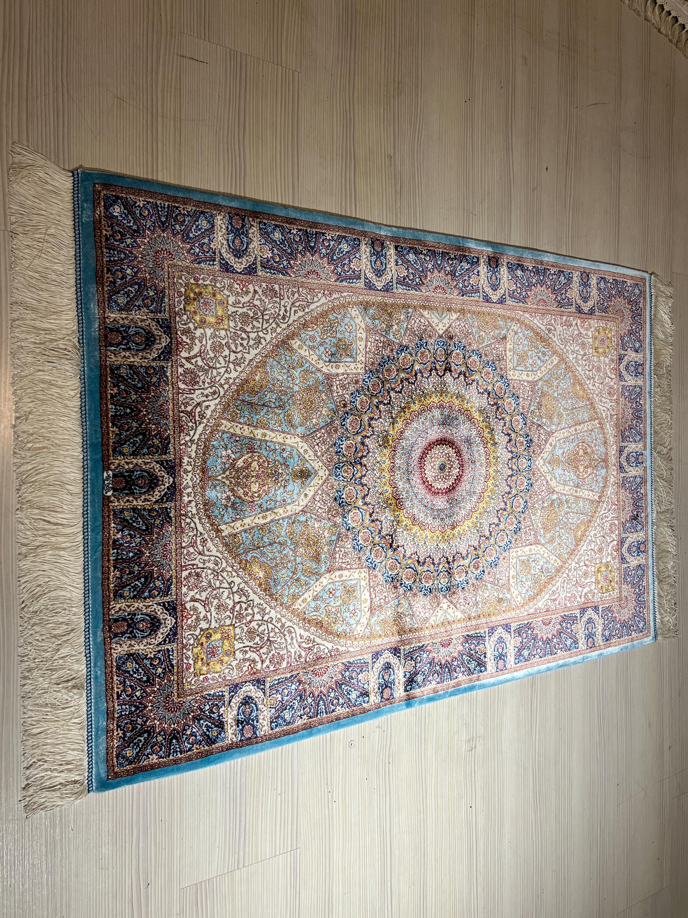 2.6x3.9 ft Modal Silk Rug, Blue Green Gold Medallion Design, Wall Hanging Turkish Luxury Rug