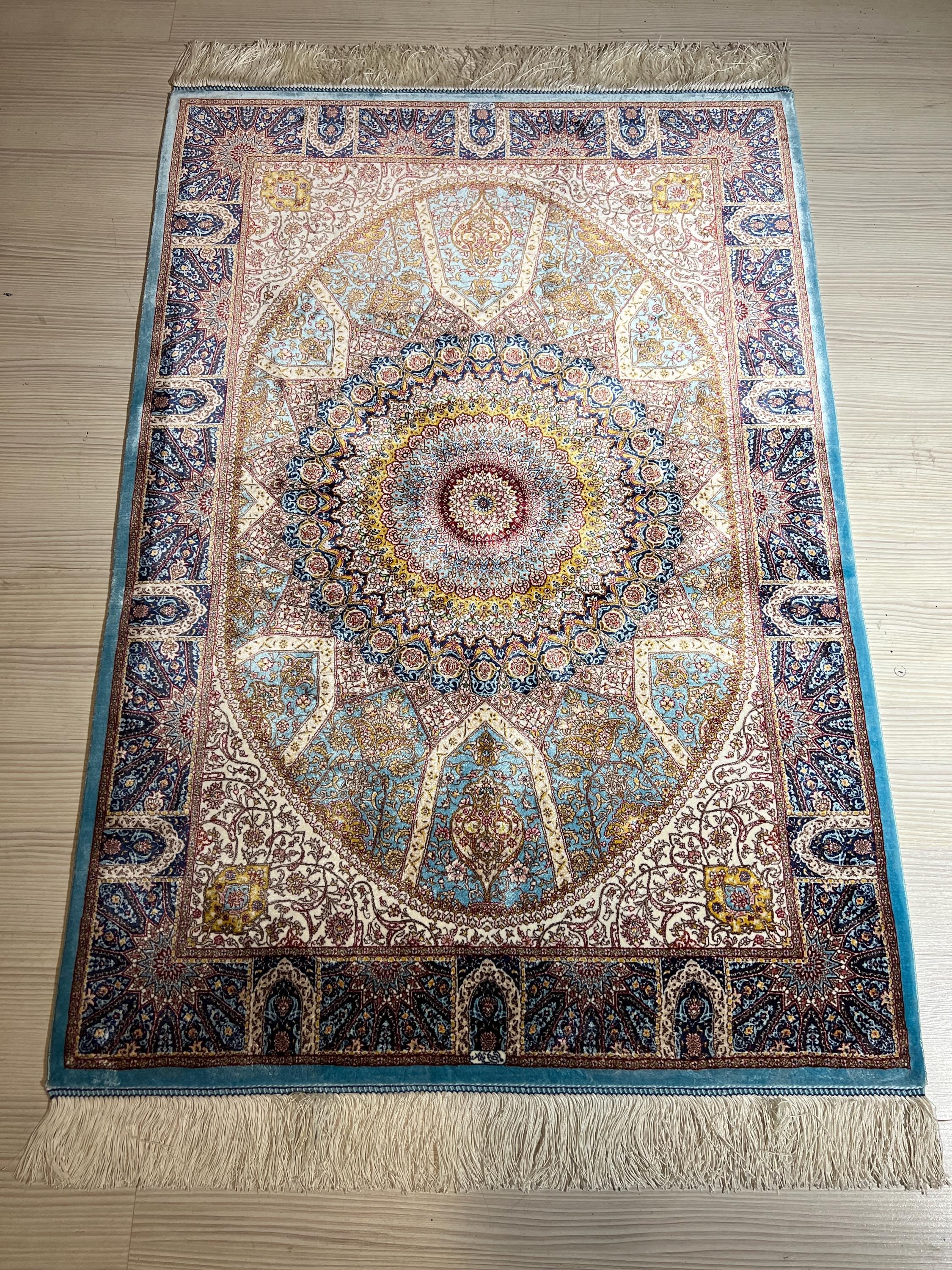2.6x3.9 ft Modal Silk Rug, Blue Green Gold Medallion Design, Wall Hanging Turkish Luxury Rug