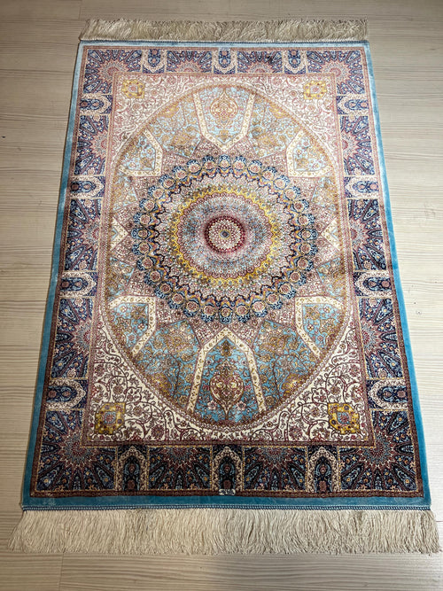 2.6x3.9 ft Modal Silk Rug, Blue Green Gold Medallion Design, Wall Hanging Turkish Luxury Rug