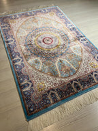 2.6x3.9 ft Modal Silk Rug, Blue Green Gold Medallion Design, Wall Hanging Turkish Luxury Rug