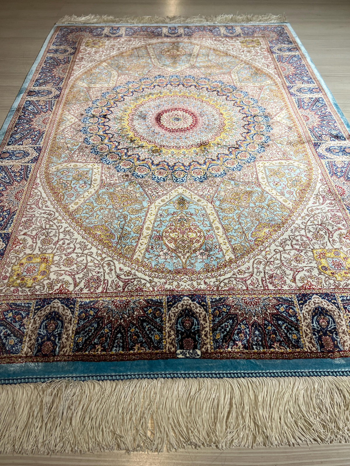 2.6x3.9 ft Modal Silk Rug, Blue Green Gold Medallion Design, Wall Hanging Turkish Luxury Rug