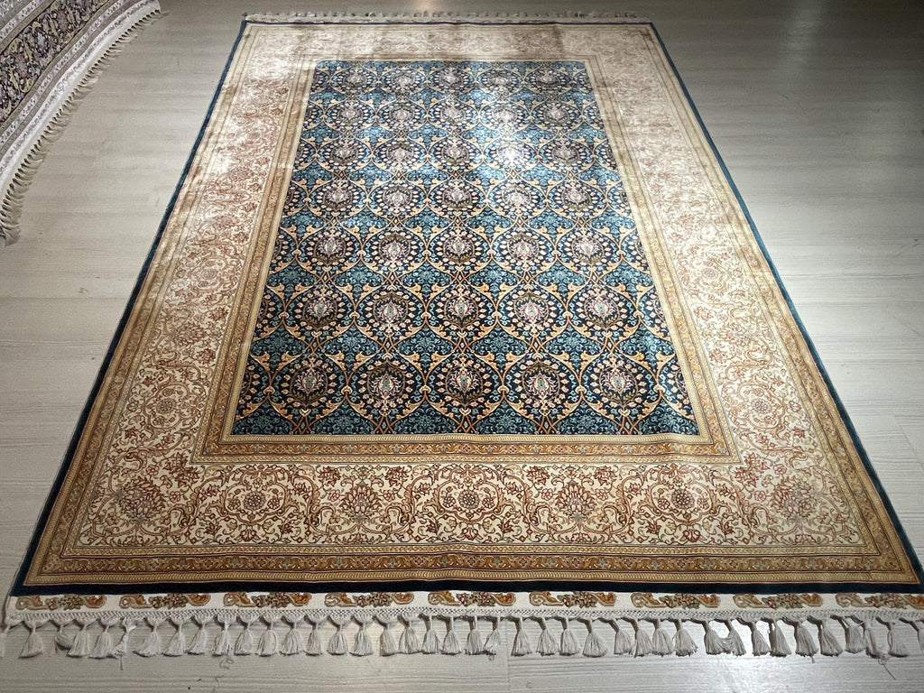 6x8 ft Blue Modal Silk Area Rug, Handwoven Turkish Floral Carpet, Living Room Rug