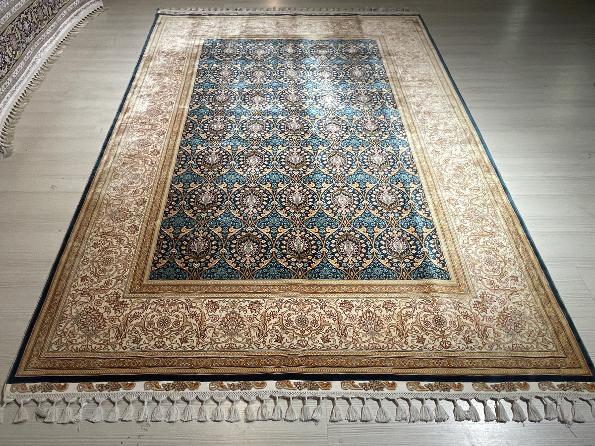 6x8 ft Blue Modal Silk Area Rug, Handwoven Turkish Floral Carpet, Living Room Rug