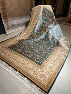 6x8 ft Blue Modal Silk Area Rug, Handwoven Turkish Floral Carpet, Living Room Rug