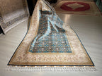 6x8 ft Blue Modal Silk Area Rug, Handwoven Turkish Floral Carpet, Living Room Rug
