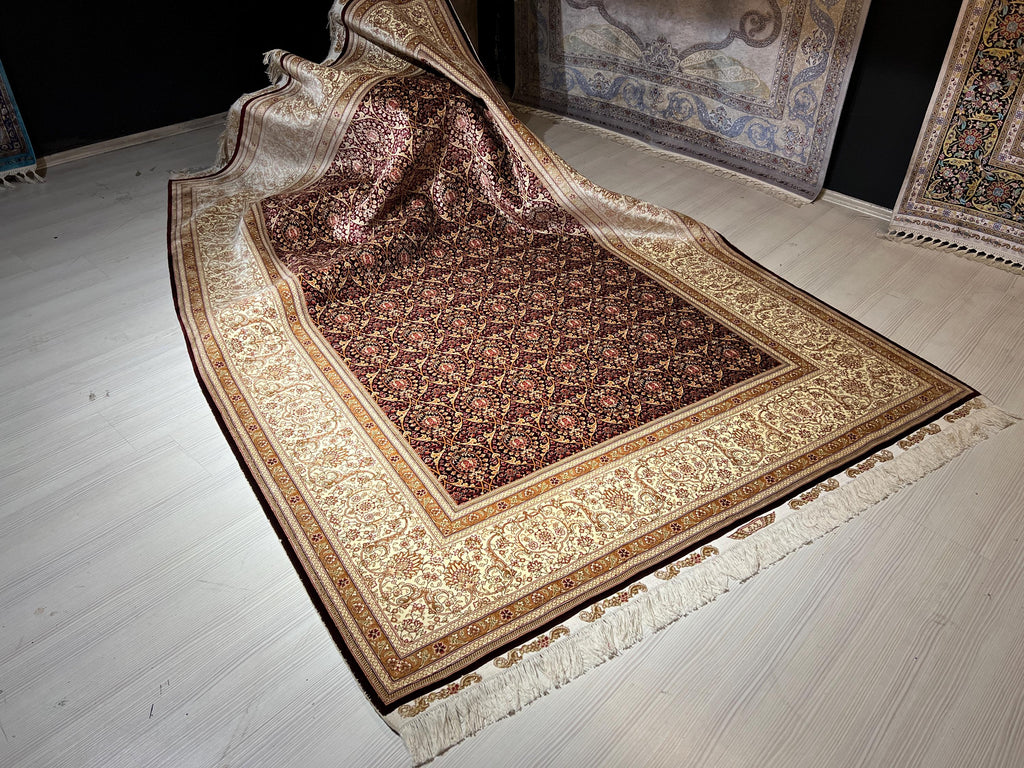 6x8 ft Burgundy Silk Rug, Turkish Area Rug, Luxury Living Room Carpet
