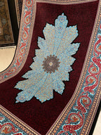 4x6 ft Burgundy Silk Area Rug, Turquoise Floral Medallion, Turkish Living Room Decor